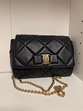 Salvatore Ferragamo Black Quilted Leather Crossbody with Gold Chain